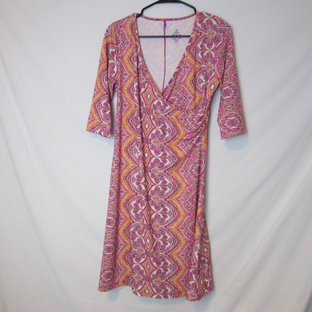 Prana Nadia Veeda Faux Wrap Dress V-Neck Orange Pink Geometric Printed Med